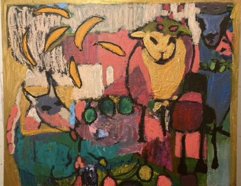 "animalparty" 2024 Acyl, Ölfarbe auf Holz 120X100